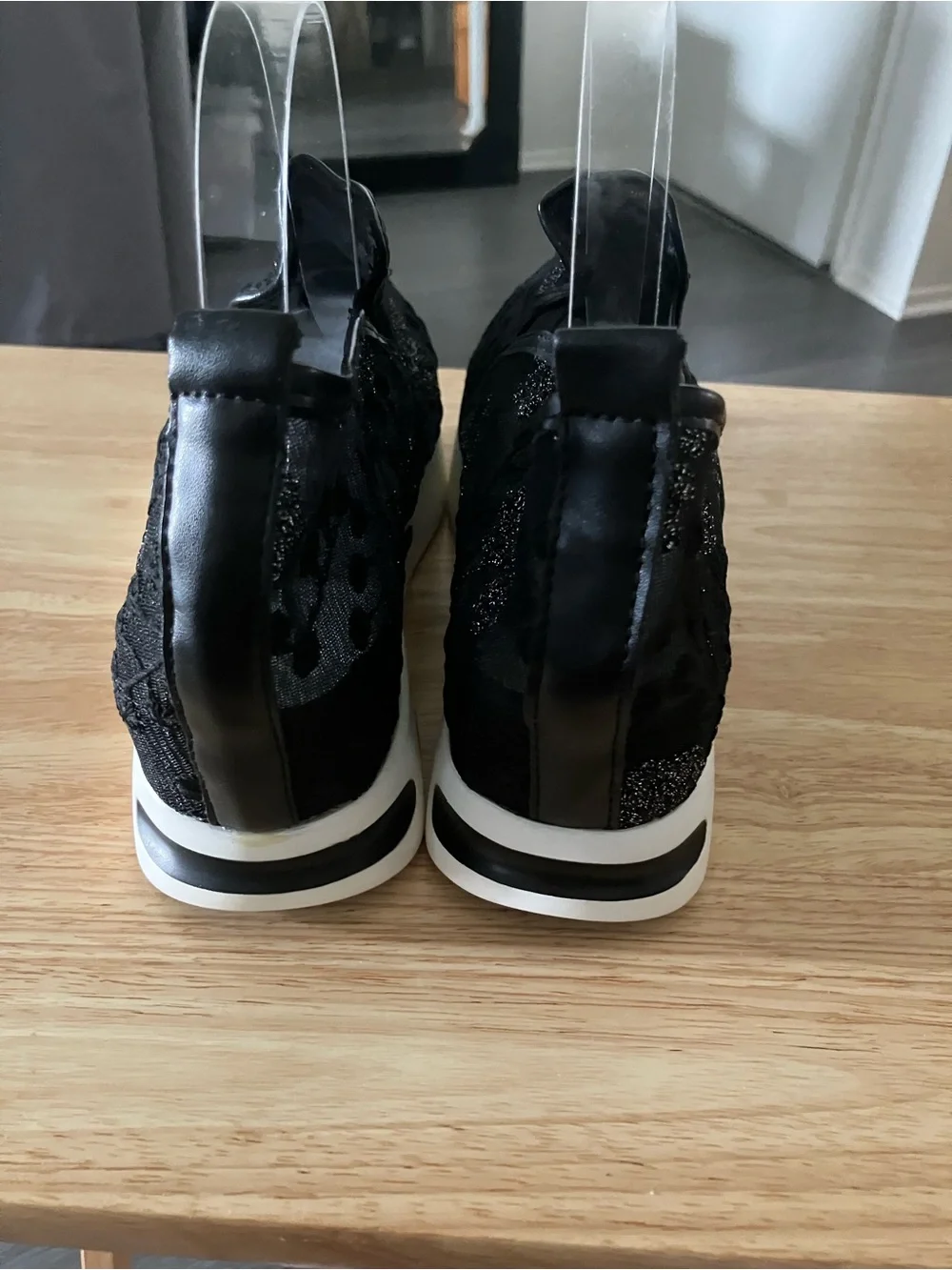 Black Lace Platform Slip-On Wedge Sneakers